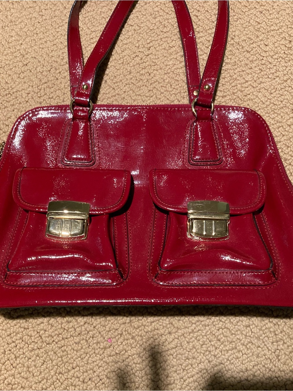 Franklin Covey Red Patent Shoulder Bag with Front Pocket Locks